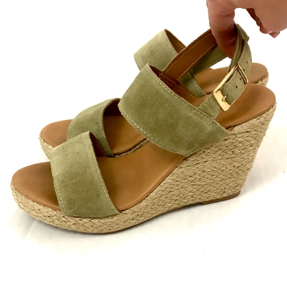 Garnet Hill Sage Green Suede Wedge Sandals - Picture 2 of 7